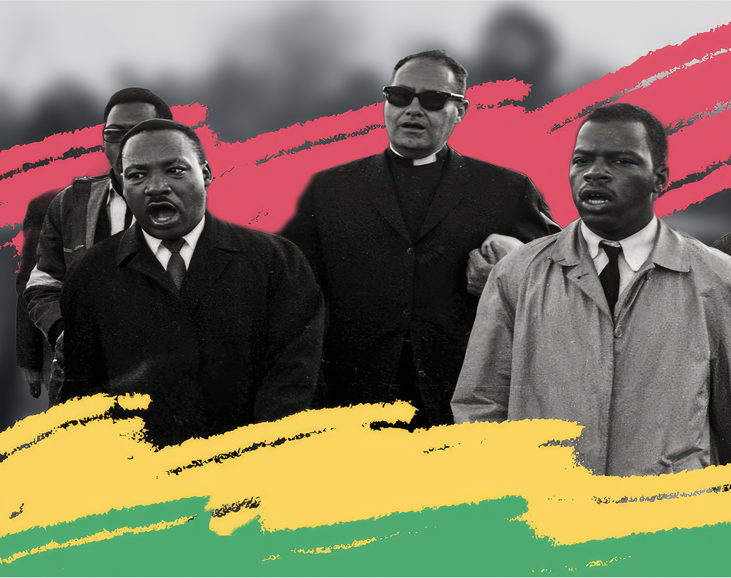 MLK, Father Theodore Hesburgh, and John Lewis linking arms and singing in 1964