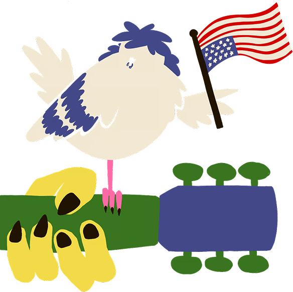 Bird holding American flag on guitar neck