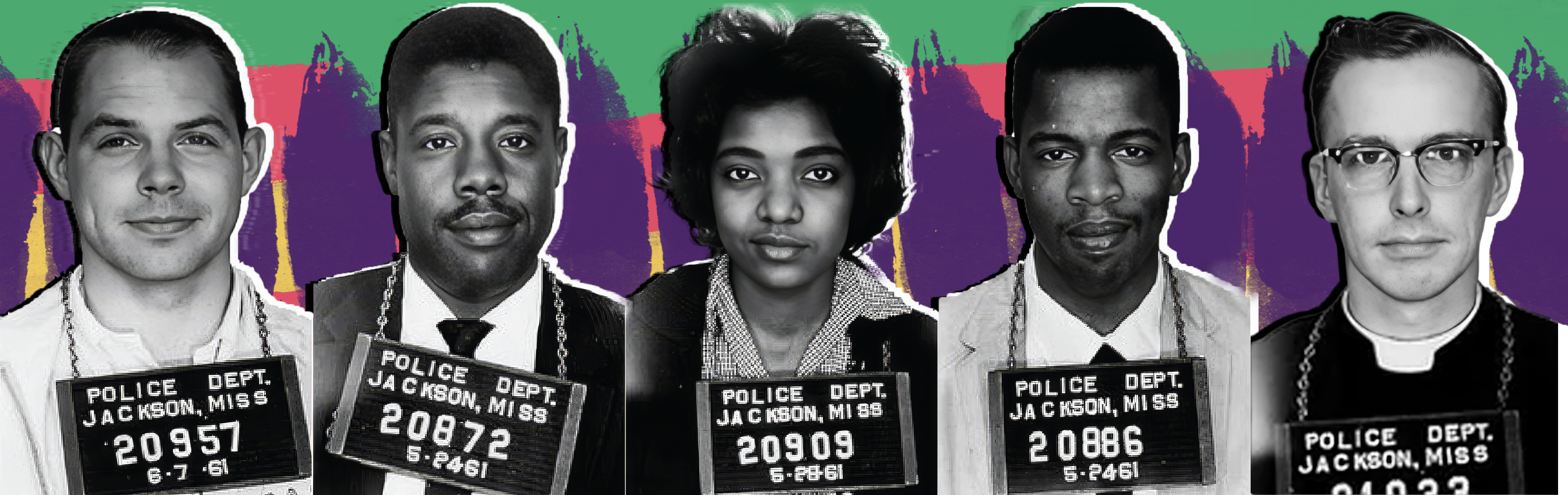 Collage of mugshots of civil rights activists arrested in Jackson, Mississippi.